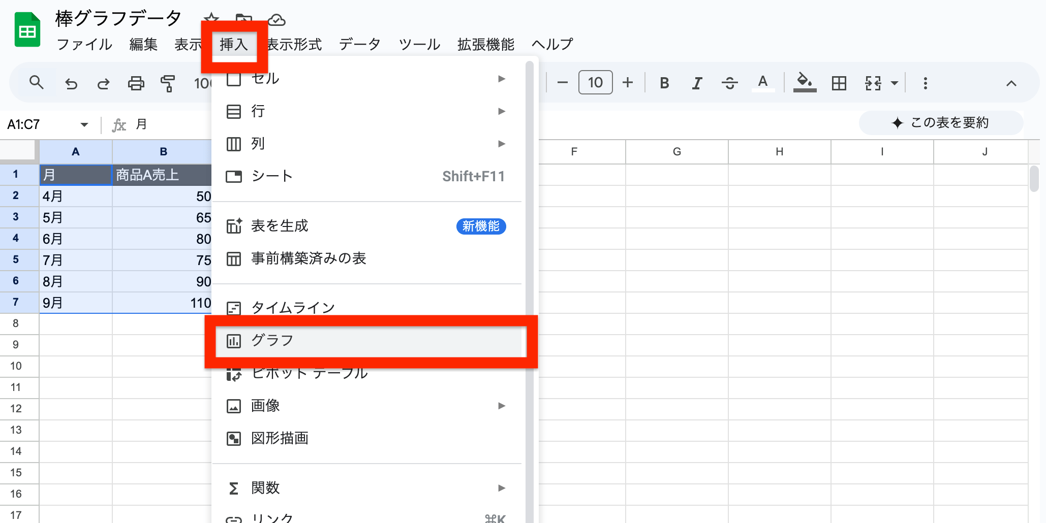 メニューバーの「挿入」から「グラフ」をクリック